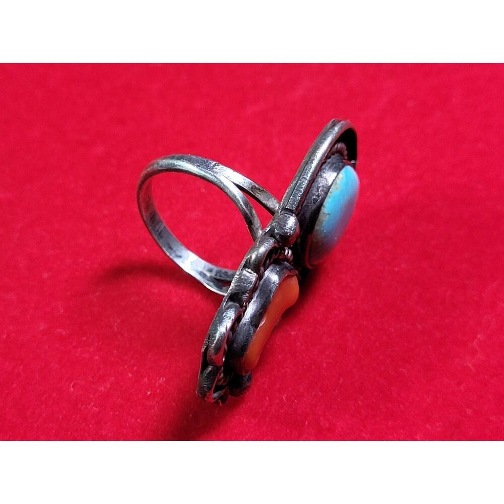 Vtg Navajo Native American Sterling Silver Turquoise Mediterranean Coral Ring 7" - Picture 4 of 6